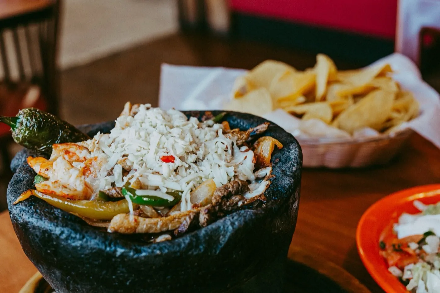 Molcajete Mexicano with steak, chicken, shrimp and chorizo at Tequila Grill Iowa